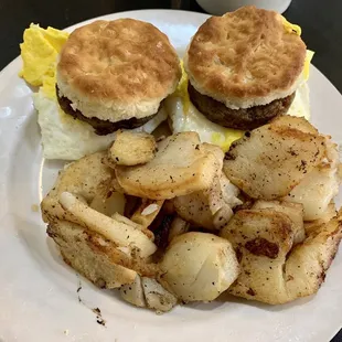 Sausage and egg biscuits with fried potatoes