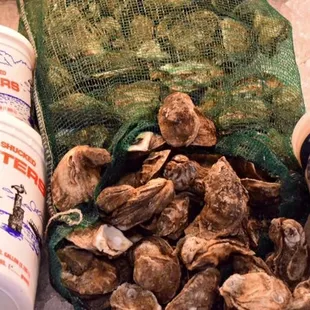 a bag of oysters and a container of oysters