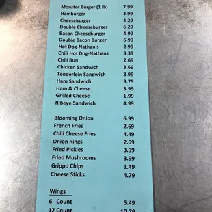 the price of the menu