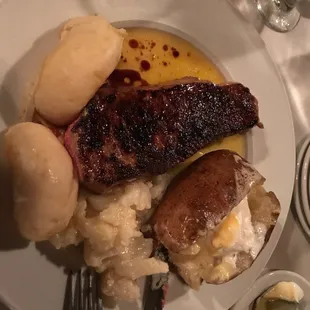 New York Strip, cauliflower, baked potato