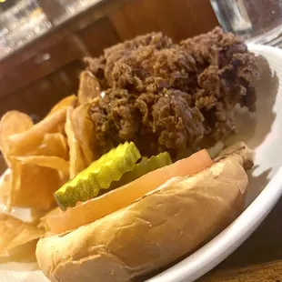 Fried chicken sandwich and house chips
