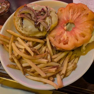 Pats burger with fries--check out that massive tomato!