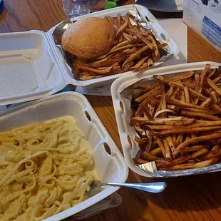 Fettuccine alfredo, plain cheeseburger with fries. Large order of fries.