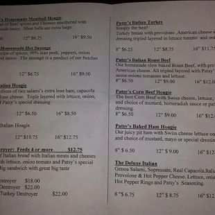 Patsy's Hoagie Menu (inside)