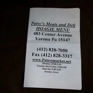 Patsy's Hoagie Menu (Front)