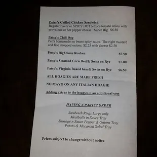 Patsy's Hoagie Menu (back)