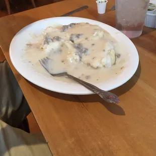 Sausage gravy on biscuits