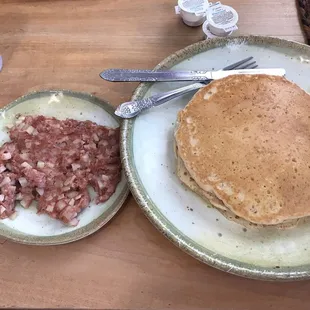 Corned beef hash and pancakes
