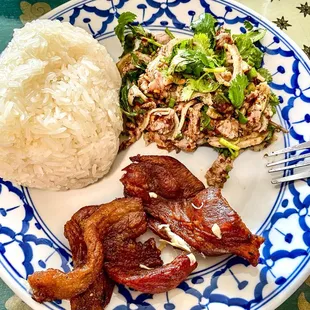 Sticky rice, beef larb, garlic pork
