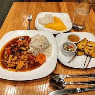 Spicy Basil Chicken, Chicken Satay Skewers, and Sliced Mango w/ Sticky Rice