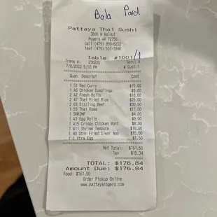 the receipt for the restaurant