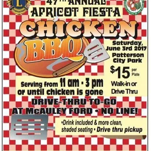 Come on down to the Fiesta on Saturday and grab a Chicken BBQ Lunch!  Just 15 Bucks!!!