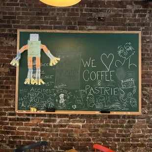 a chalkboard with a drawing of a robot on it