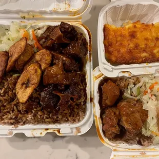 Oxtail, Plantains, rice and peas, stewed chicken, cabbage, Mac and Cheese,