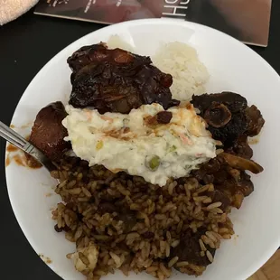 Oxtail, ribs, peas &amp; rice, potato salad