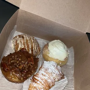 Scone, cinnamon roll, pecan roll, lobster tail