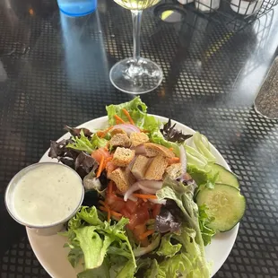 House salad before prime rib and Chardonnay