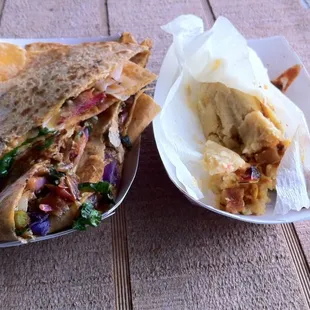 Veggie quesadilla and squash &amp; caramelized onion tamale.