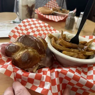 Pretzel burger and gravy fries