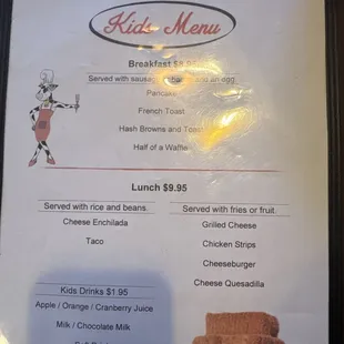 Kids breakfast menu
