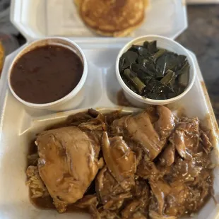 Baked chicken #3, greens, red beans and rice