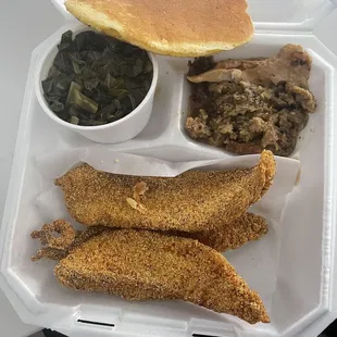 Fried Catfish, Cornbread Dressing, Greens and Cornbread Pancake