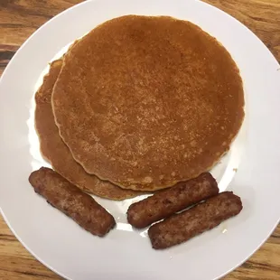 Great breakfast. Pancakes and sausages.
