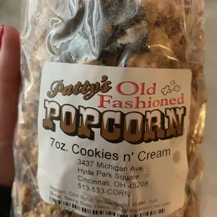 My 7 oz. Cookies and Cream Popcorn. Can't wait til my diet is over so I can dig in!