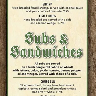 Menu: Classics, Subs &amp; Sandwiches