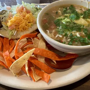 Chicken Tortilla Soup with Beef Puffy Taco