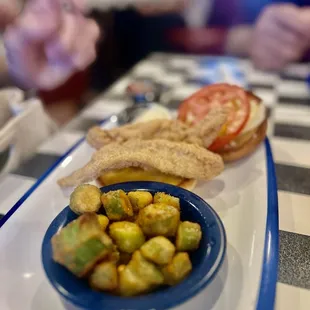Fried catfish sandwich and okra