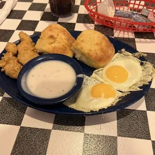 Scratch biscuits and gravy - I don&apos;t eat pork or red meat so I got chicken strips. They were also delicious.