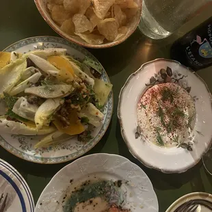 Endive salad, French Onion Dip and chips and  an Amuse bouche