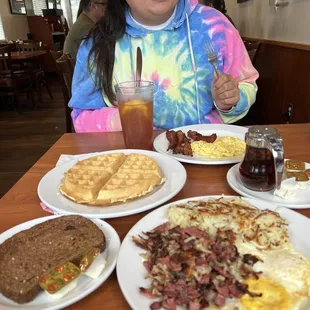 Corned beef hash  Belgian waffles and eggs