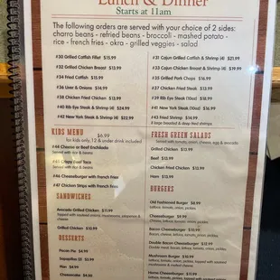 Lunch &amp; dinner menu, along with kids menu.