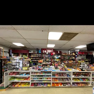 shelves of beverages and snacks