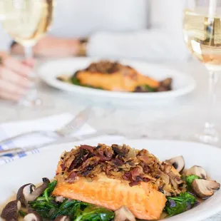 Cedar Plank Steelhead with shallots and bacon