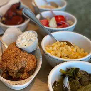 Catfish, Collard greens, Mac n Cheese, Tomato &amp; cucumber salad, ribs