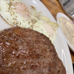 Biscuits and gravy, 2 eggs over easy and side of sausage