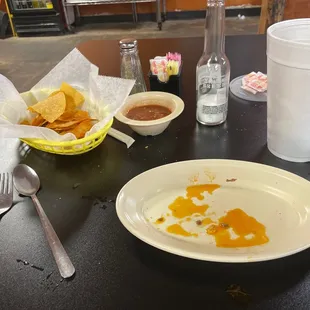 The plate where my two chorizo con huevo with chopped jalapeño breakfast tacos use to be