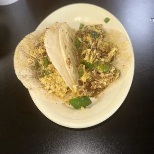 Chorizo Con Huevo with chopped Jalepenos Breakfast Tacos