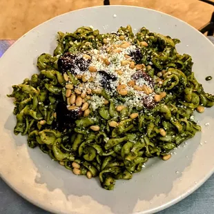 Fusilli Pasta with Pesto. Pretty good. The olives and pine nuts added a nice tang and texture to the dish.