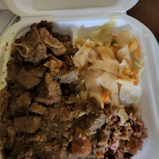 Goat curry cabbageand red beans and rice