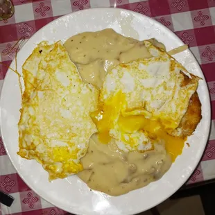 Biscuits &amp; Sausage Gravy two eggs over easy