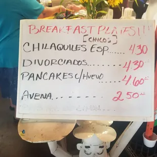 a menu for breakfast