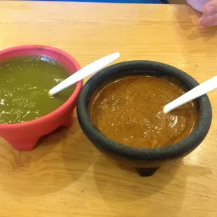 Salsas... Green is Jalapeño and the red is smokey sauce of deliciousness