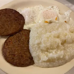 Grits, eggs and sausage patties