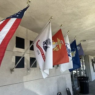 flags hanging from the ceiling