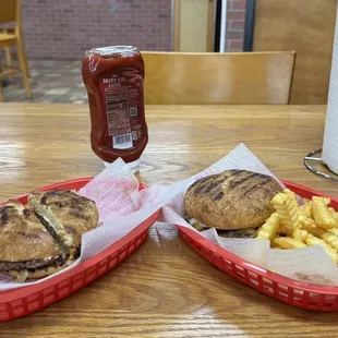 My burger on left &amp; his burger combo.