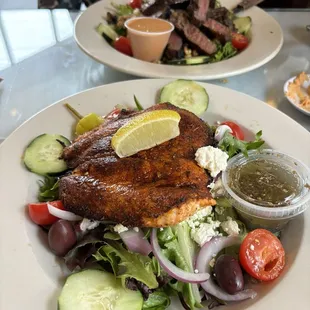 Greek Salad w/ blackened salmon + Steak salad